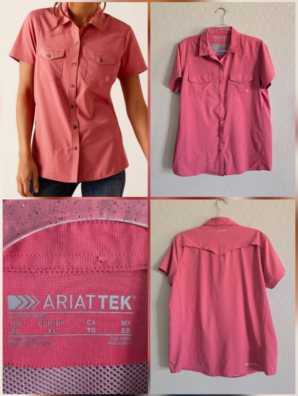 AriatTEK Short Sleeve Button Shirt Coral VentTEK Performance Western Size XL